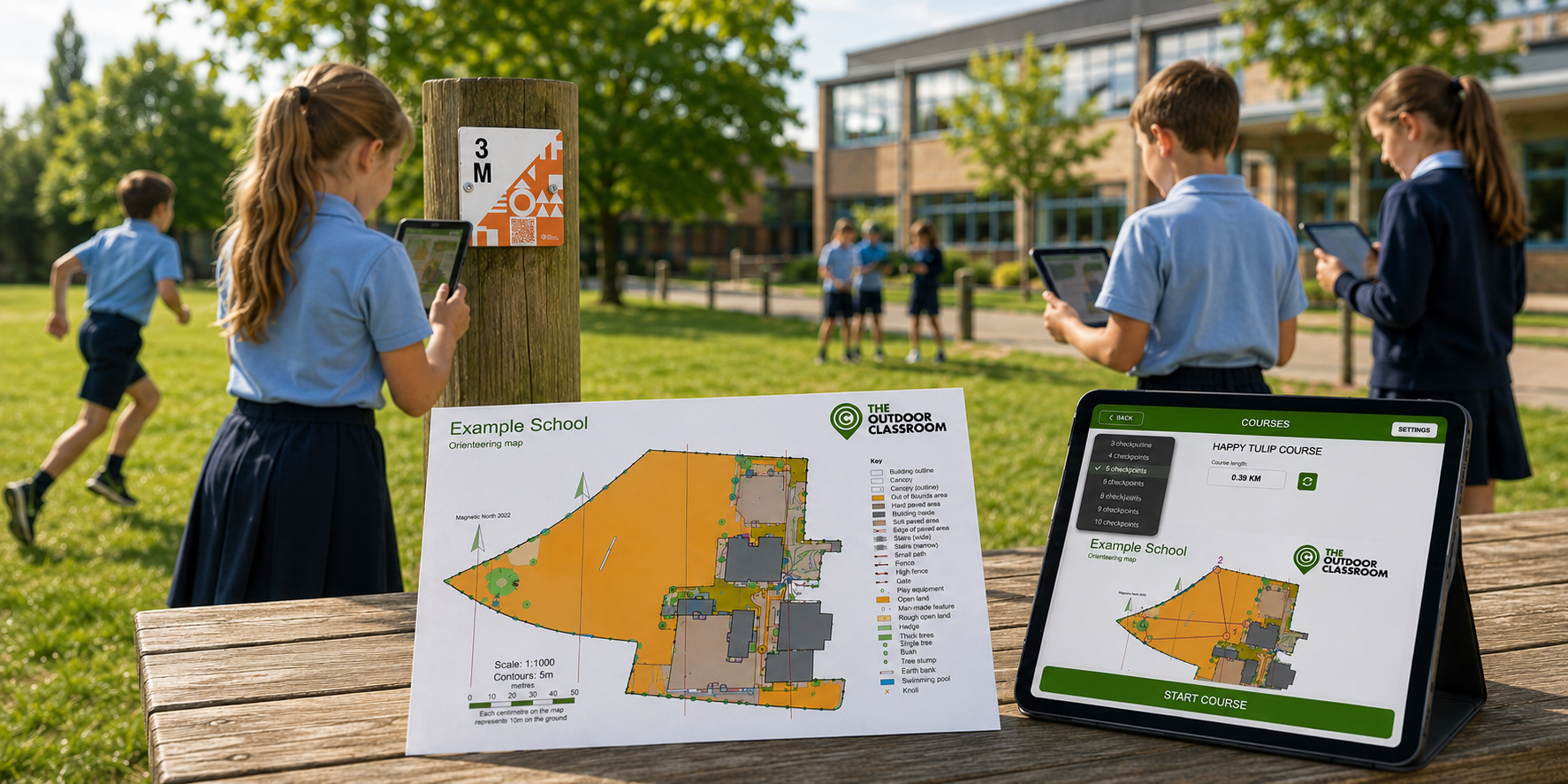 Pupils using outdoor learning activities in school grounds