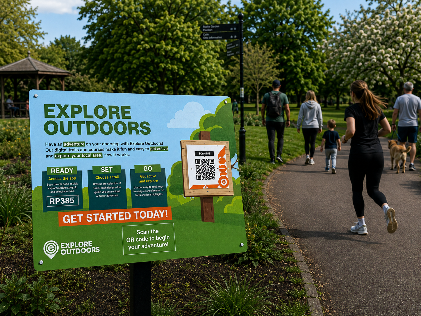 Permanent Explore Outdoors marker in a green space